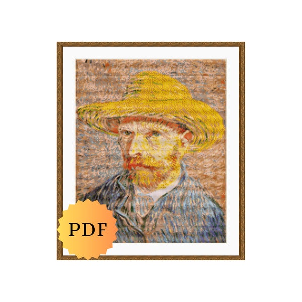 Van Gogh Self Portrait with a Straw Hat Counted Cross Stitch Pattern, Van Gogh Cross Stitch, Large Cross Stitch, PDF Download