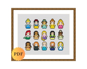 Counted Cross Stitch Sampler, Mini Princesses Character Collection, Cross Stitch Pattern Chart, Cute Cross Stitch Pattern, PDF Download