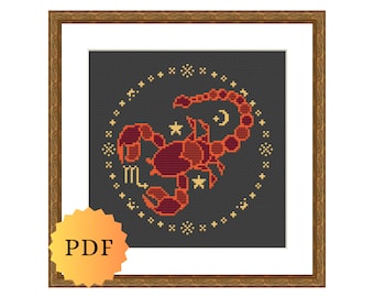 Scorpio Counted Cross Stitch Pattern, Zodiac Cross Stitch, Scorpio Scorpion, Modern Cross Stitch Chart, Star Sign, PDF Instant Download