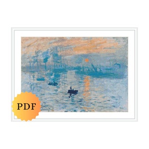 Monet Sunrise schema punto croce, schema punto croce Monet, punto croce impressionista, download PDF, download immediato