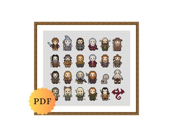 Counted Cross Stitch Sampler, Mini Fantasy Character Collection, Cross Stitch Pattern Chart, Cute Nerdy Cross Stitch Pattern, PDF Download