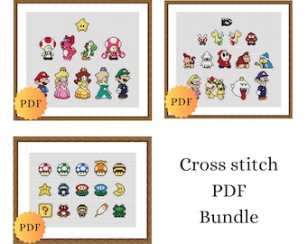 Cross Stitch Bundle, Video Game Characters, Villains, Power Ups, PDF Cross Stitch Charts, Instant Digital Download, 3 Patterns Included