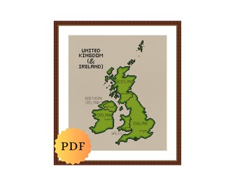 Gráfico de Ponto Cruz Contado, Mapa dos Nomes do Reino Unido e Irlanda (Download Instantâneo em PDF para Impressão)