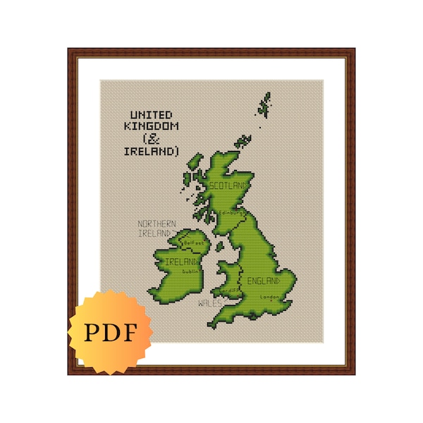 Map of UK and Ireland Counted Cross Stitch Pattern, United Kingdom Cross Stitch, Cross Stitch Map, England, Scotland, Wales, PDF Download