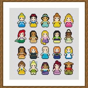 A cross-stitch pattern featuring 20 princesses in pixel art style. The princesses are arranged in four rows of six, each princess is wearing a signature dress and has a unique hairstyle. This pattern is one of 3 included in the bundle.