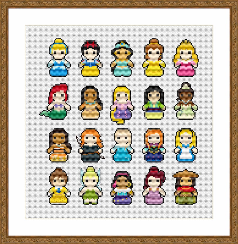 A cross-stitch pattern featuring 20 princesses in pixel art style. The princesses are arranged in four rows of six, each princess is wearing a signature dress and has a unique hairstyle. This pattern is one of 3 included in the bundle.