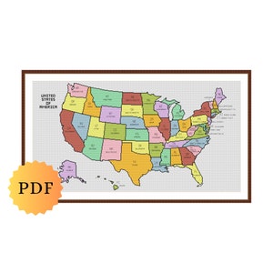 Kreuzstichmuster Karte von USA, Mehrfarbige Karte, Amerikanischer Kreuzstich, Karte der Vereinigten Staaten von Amerika, USA Kreuzstich, PDF