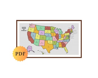 Mapa dos EUA em Ponto Cruz Contado, Mapa Multicolorido, Ponto Cruz Americano, Mapa dos Estados Unidos da América, Ponto Cruz EUA, PDF