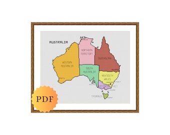 Counted Cross Stitch Pattern Map of Australia, Multicolour Map, Australian States, Cross Stitch Chart, Australia Cross Stitch Pattern