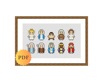 Counted Cross Stitch Sampler, Mini Nativity Character Collection, Cross Stitch Pattern Chart, Cute Christmas Cross Stitch, PDF Download