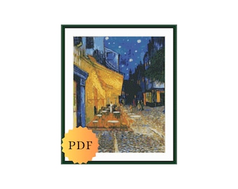 Patrón de punto de cruz "Terraza de café nocturna de Van Gogh", patrón de punto de cruz de Van Gogh, pinturas impresionistas, descarga en PDF