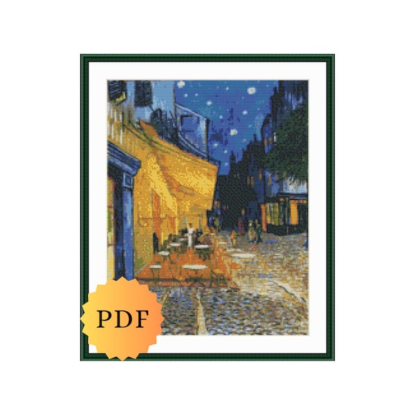 Van Gogh Café Terrace at Night Counted Cross Stitch Pattern, Van Gogh Cross Stitch Pattern, Impressionist Paintings, PDF Download