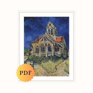 May include: A painting of a church with a tall steeple and a red roof. The church is painted in a style reminiscent of Vincent van Gogh, with swirling brushstrokes and vibrant colors. The sky is a deep blue, and the ground is a mix of green and yellow.