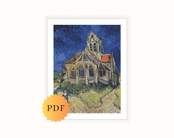 Patrón de punto de cruz, patrón de punto de cruz de La iglesia de Auvers de Van Gogh, punto de cruz de Van Gogh, pinturas famosas, descarga en PDF