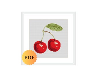 Counted Cross Stitch Pattern, Cherries Cross Stitch, Fruit Cross Stitch Chart, Cherries Cross Stitch Pattern, Easy Pattern, PDF Download