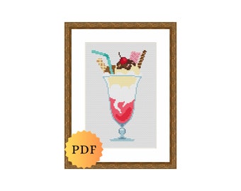 Counted Cross Stitch Pattern, Strawberry Milkshake Cross Stitch, Cross Stitch Pattern Chart, Printable Chart, PDF Instant Download