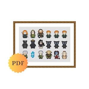 Könnte beinhalten: Ein gerahmtes Kreuzstichmuster mit verschiedenen pixeligen Charakteren. Die Charaktere sind in Reihen und Spalten angeordnet, mit verschiedenen Farben und Designs. Ein gelber PDF-Aufkleber befindet sich in der unteren linken Ecke.