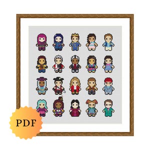 May include: A cross-stitch pattern featuring a grid of twenty pixel-art style characters with diverse hair colors, outfits, and accessories, arranged in four rows of five. A gold-colored badge with the text PDF is in the bottom left corner.