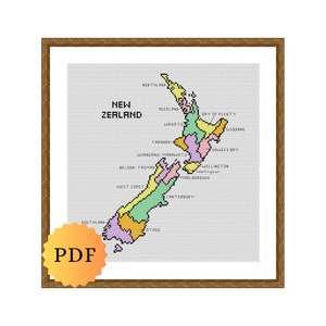 Kreuzstichmuster, Karte von Neuseeland, Mehrfarbig, Regionen von Neuseeland, Neuseeland Kreuzstichvorlage, PDF Download