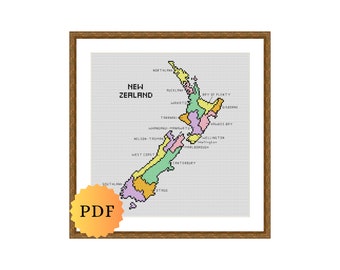 Counted Cross Stitch Pattern, Map of New Zealand, Multicolour, Regions of New Zealand, New Zealand Cross Stitch Chart, PDF Download