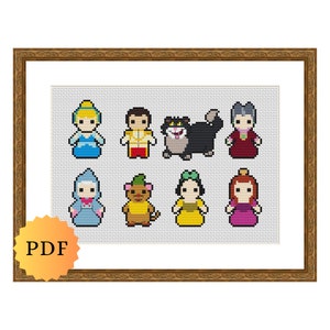 Telpatroonsteekproef, verzameling miniprinses/sprookjesfiguren, kruissteekpatroontabel, schattige kruissteek, pdf-download