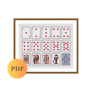 Könnte beinhalten: Ein gerahmtes Kreuzstichmuster mit Spielkarten mit roten Karo-Farben. Die Karten umfassen das Ass, 2 bis 10 und Bildkarten. Das Bild enthält auch ein PDF-Symbol in der linken unteren Ecke.