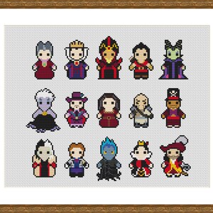 Cross stitch pattern featuring 15 villains, including 7 women and 8 men. Each villain is depicted in a pixelated style, with their signature colours and accessories. This pattern is one of 3 included in the bundle.