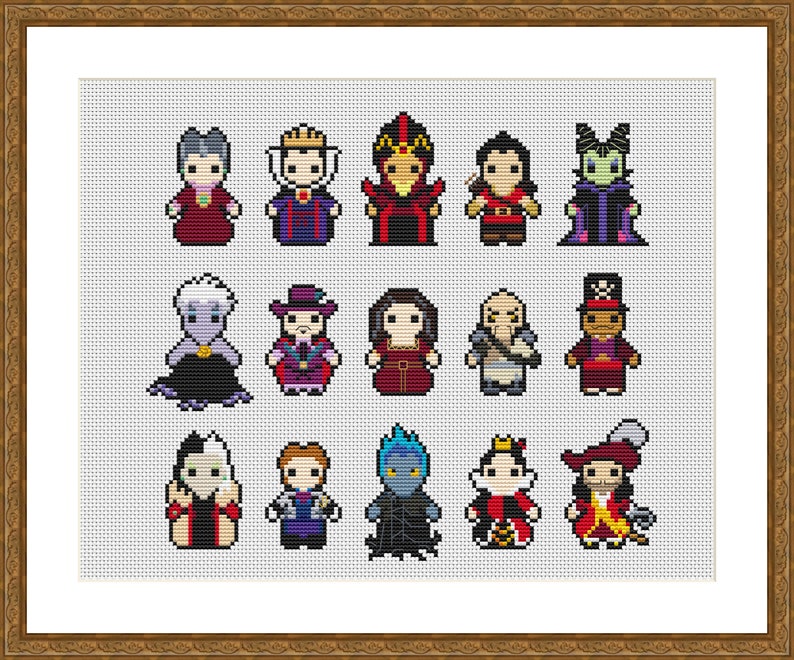 Cross stitch pattern featuring 15 villains, including 7 women and 8 men. Each villain is depicted in a pixelated style, with their signature colours and accessories. This pattern is one of 3 included in the bundle.