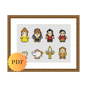 May include: A cross-stitch pattern featuring characters from the Disney movie Beauty and the Beast. The characters include Belle, Beast, Gaston, Lumiere, Mrs. Potts, Cogsworth, and Chip. The pattern is in a white frame with a gold border.