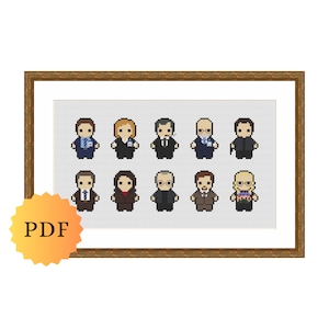 Könnte beinhalten: Ein gerahmtes Kreuzstichbild mit elf stilisierten Figuren in Geschäftskleidung. Die Figuren sind in zwei Reihen angeordnet, jede mit einem einzigartigen Outfit. Der Rahmen ist dunkelbraun und ein PDF-Logo befindet sich in der unteren linken Ecke.