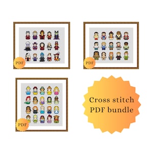 Bundle pack of three printable PDF cross stitch patterns featuring many characters. The first pattern features villains, the second features princes, and the third features princesses. Each pattern is framed in a brown frame with a yellow "PDF" label.