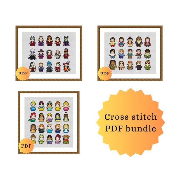 Cross Stitch Bundle, Princesses, Villains, Heroes, PDF Digital Cross Stitch Patterns, Instant Digital Download, 3 Patterns Included