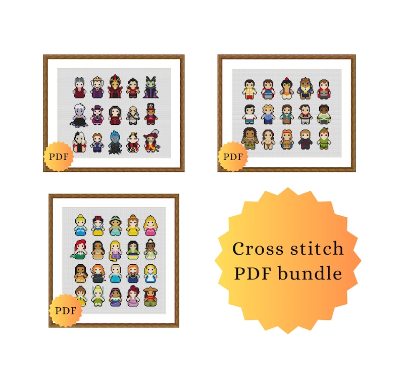 Bundle pack of three printable PDF cross stitch patterns featuring many characters. The first pattern features villains, the second features princes, and the third features princesses. Each pattern is framed in a brown frame with a yellow "PDF" label.