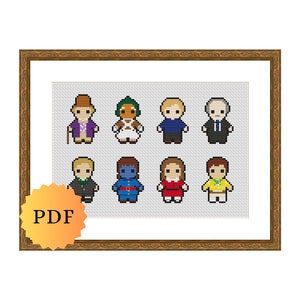 May include: Cross stitch pattern featuring eight pixelated characters from the movie Willy Wonka and the Chocolate Factory. The characters include Willy Wonka, Charlie Bucket, Veruca Salt, Violet Beauregarde, Mike Teavee, Augustus Gloop, Grandpa Joe, and Mr. Salt.