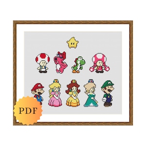 Könnte beinhalten: Kreuzstichmuster mit Charakteren aus der Super Mario Bros. Videospielserie. Das Muster enthält Mario, Luigi, Peach, Daisy, Toad, Yoshi und Bowser. Das Muster befindet sich in einem braunen Rahmen mit weißem Hintergrund.
