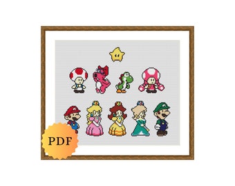 Modèle de modèle de point de croix compté, collection de mini personnages, personnages de jeux vidéo, grille de motifs de point de croix, joli point de croix, téléchargement PDF