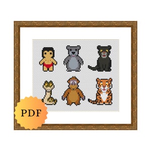 May include: Cross stitch pattern featuring characters from the Jungle Book. The characters include Mowgli, Baloo, Bagheera, Kaa, Shere Khan, and King Louie. The pattern is in a white frame with a gold border.