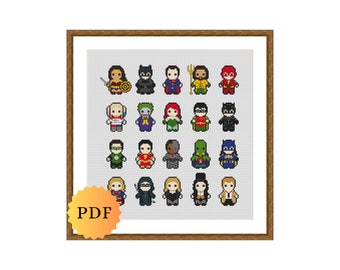 Muestrario de punto de cruz contado, colección de mini personajes de superhéroes, patrón de punto de cruz, punto de cruz adorable, descarga de PDF imprimible