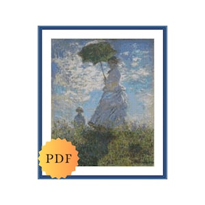 Schema punto croce PDF &quot;Donna con parasole&quot; di Monet, punto croce Monet, punto croce impressionista, punto croce di un famoso dipinto