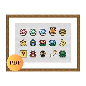 May include: A cross-stitch pattern featuring various pixelated characters and objects from the Super Mario Bros. video game series, including mushrooms, stars, a question block, a turtle, a flower, and a moon.