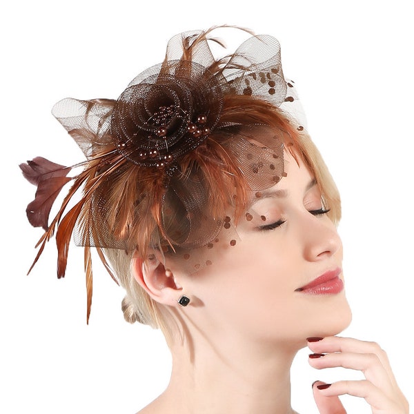 Brown Color Fascinator Hat for Women Tea Party Wedding Kentucky Derby Headband, 1920s Fascinator Hat with Veil Pillbox Hat --1901