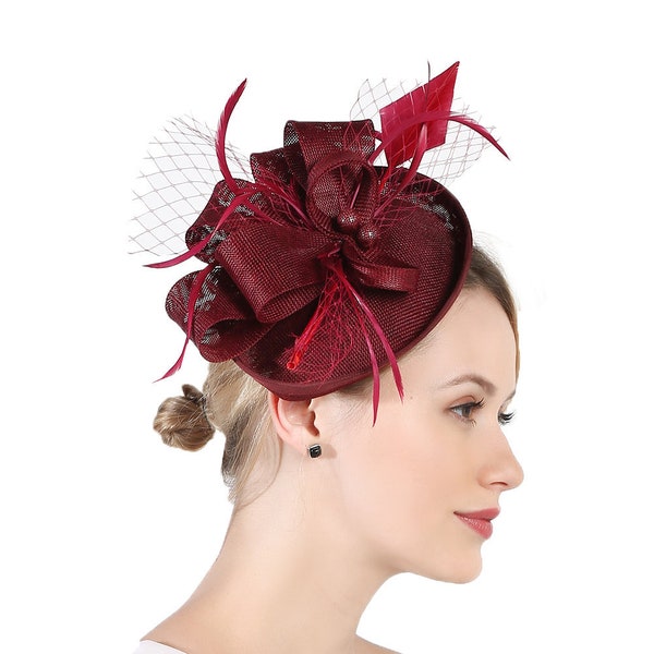 Burgundy Color Fascinator Hat for Women Tea Party Wedding Kenturky Derby Headband, 1920s Fascinator Hat with Veil Pillbox Hat -- H