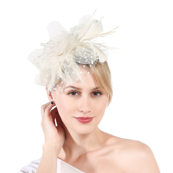 Beige Color Fascinator Hat for Women Tea Party Wedding Kentucky Derby Headband, 1920s Fascinator Hat with Veil Pillbox Hat --1901