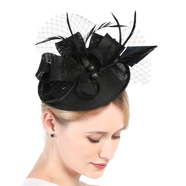 Black Color Fascinator Hat for Women Tea Party Wedding Kenturky Derby Headband, 1920s Fascinator Hat with Veil Pillbox Hat -- H