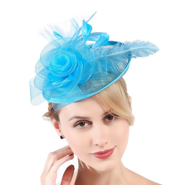 Turquoise Color Fascinator Hat for Women Tea Party Wedding Kenturky Derby Headband, 1920s Fascinator Hat with Veil Pillbox Hat--F