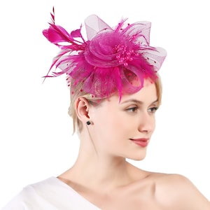 Hot Pink Color Fascinator Hat for Women Tea Party Wedding Kenturky Derby Headband, 1920s Fascinator Hat with Veil Pillbox Hat TF-1901