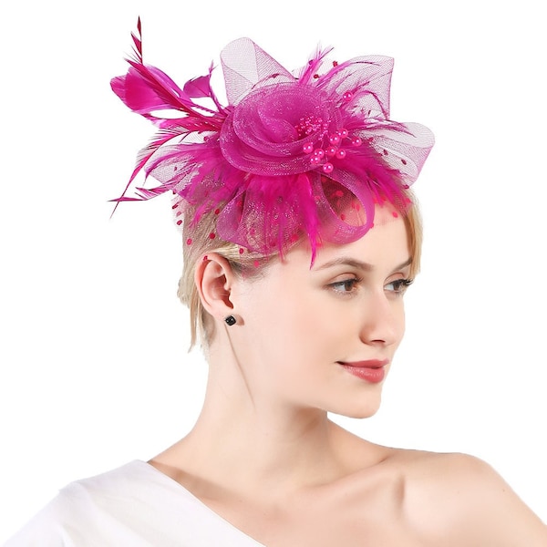 Hot Pink Color Fascinator Hat for Women Tea Party Wedding Kenturky Derby Headband, 1920s Fascinator Hat with Veil Pillbox Hat TF-1901