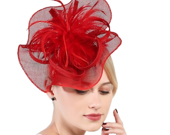 Rojo color Fascinator sombrero para las mujeres tea Party boda Kenturky Derby diadema, 1920s Fascinator sombrero con velo Pillbox sombrero--E