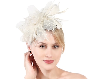 Beige Color Fascinator Hat for Women Tea Party Wedding Kentucky Derby Headband, 1920s Fascinator Hat with Veil Pillbox Hat --1901