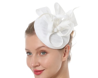 White Color Fascinator Hat for Women Tea Party Wedding Kenturky Derby Headband, 1920s Fascinator Hat with Veil Pillbox Hat TF-1905